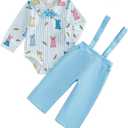 Infant Baby Boy Easter Outfit Bunny Print Bowtie Dress Romper and Suspender Pants Gentleman Suit (12-18 Months, Sky Blue)