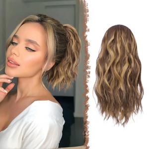 FESHFEN Ponytail Extensions, Drawstring Ponytails Hair Extension Golden Brown Mix Blonde Short Curly Wavy Hair Piece Synthetic Pony Tail Hairpieces for Women, 12 inch (12"-22H10# Golden Brown Mix Blonde)