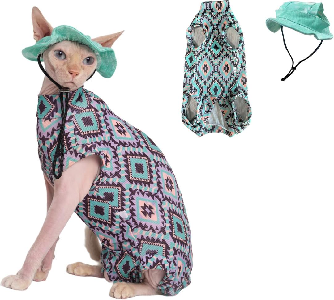 Sphynx Cat Clothes Cooling Shirt & Hat Summer Set, Breathable UPF Sun Protection for Devon Rex Sphynx Cats (S(2-3.5lbs))
