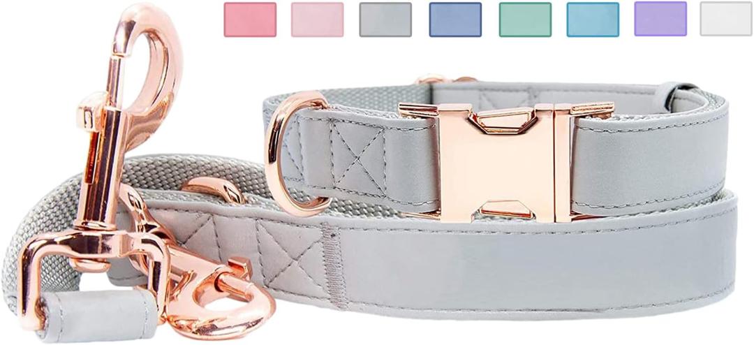 Soft Leather Dog Collar and Leash (6.6') Set - Stylish Rose Gold Heavy Duty Metal Buckle, 4 Adjustable Lengths Leash for Small Medium Large Dogs - Comfortable & Easy to Clean Grey S(12.2"-16.9")