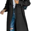 Makkrom Women's Double Breasted Long Trench Coat Windproof Classic Lapel Slim Overcoat with Belt (Black, L)
