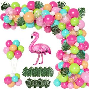 124Pcs Tropical Balloons Arch Garland Kit, Green Hot Pink Rose Gold Confetti Balloons Palm Leaves for Tropical Hawaiian Aloha Luau Flamingo Birthday Party Baby Shower Wedding Decorations