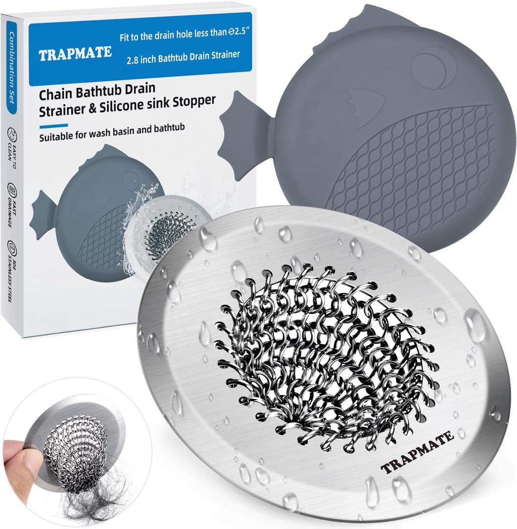 TRAPMATE Shower Drain Hair Catcher, 2.8" Fast Drainage Bathtub Stopper Drain Strainer Kit, Stainless Steel Shower Drain Cover, Bathtub Drain Protector for Sinks & Tubs (Patented Product)