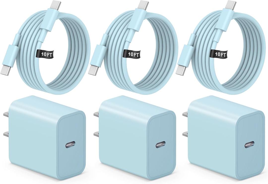 iPhone 17 16 15 Fast Charging 10FT Long USB C Charger Type C Charger 3 Pack Fast Charger USB C for iPhone 17/17 Plus/17 Pro/17 Pro Max/16/16 Plus/16 Pro/16 Pro Max/15/15 Pro Max,iPad Pro,Samsung(Blue
