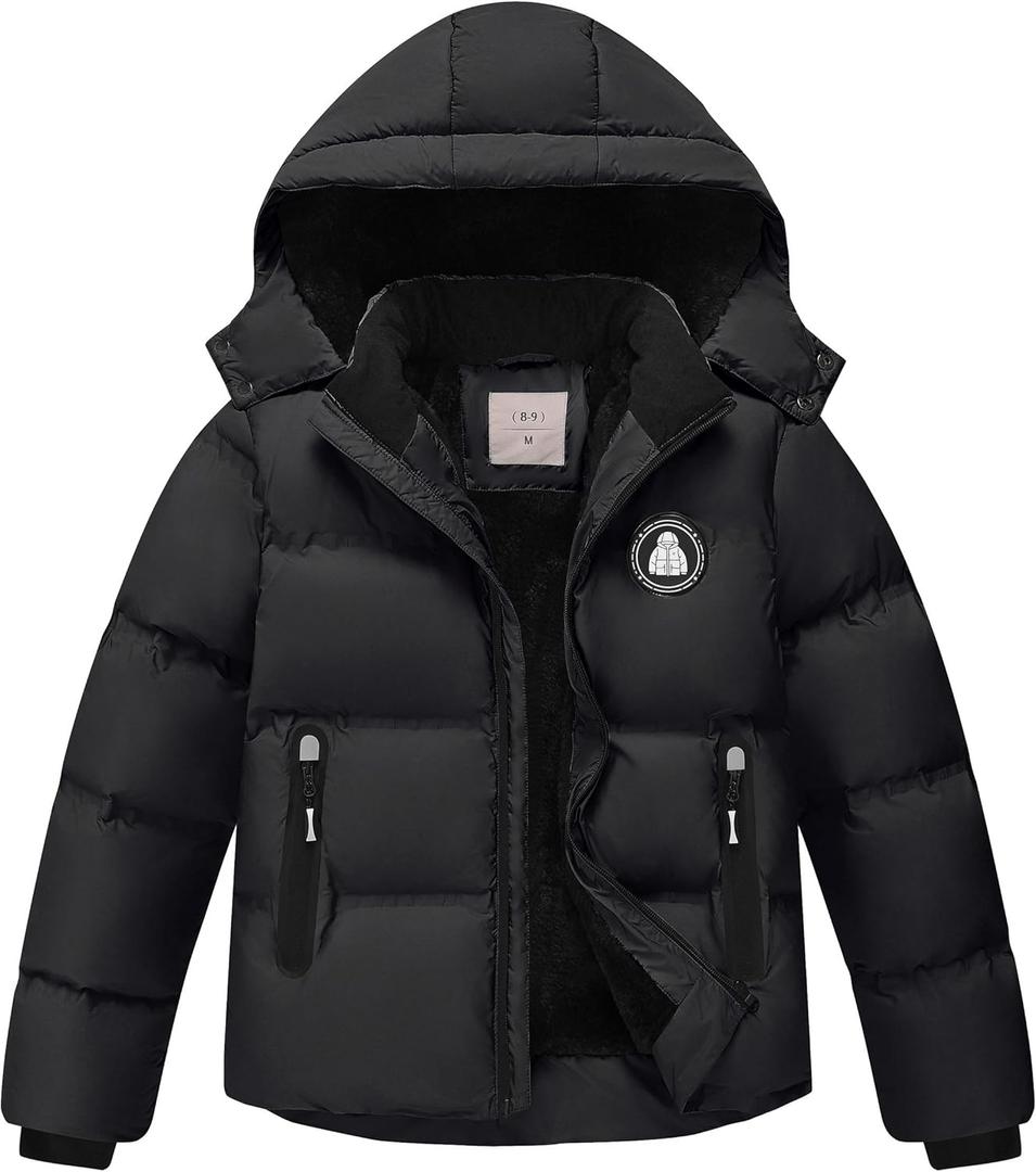 Boys' Winter Coat Kids Puffer Winter Jacket Thick Fleece Lined Warm Hooded Outerwear Coats for Boys Girls (4-15) (10-12, Black)