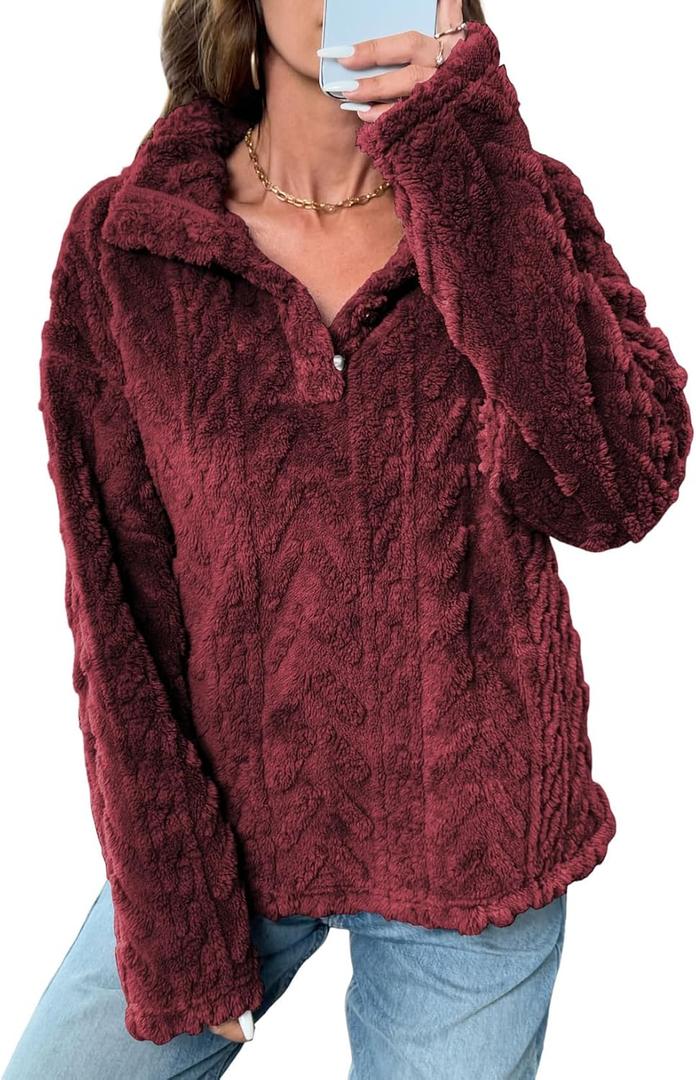 BLENCOT Womens Casual Button Down Collar Pullover Fleece Sweatshirt Long Sleeve Tops Warm Sherpa Coat Jacket Pockets (M)