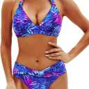 Yonique Women Two Piece Bathing Suits Push Up Bikini Set Halter Swimsuit Vintage Swimwear (Medium, Purple Blue Leaves)