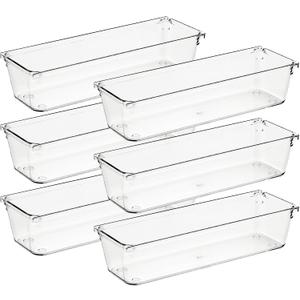Ravinte 6 Pack Drawer Organizer - 3" X 9" Plastic Storage Bins, Acrylic Organizers with Non-Slip Pads Clear Desk Storage Tray for Makeup, Jewelries, Kitchen Utensils, Bathroom and Office