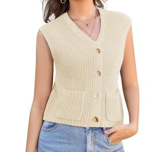 Womens Summer Crop Knit Sweater Vest Sleeveless Button Down Chunky Knit Vest Cardigan with Pockets (M)