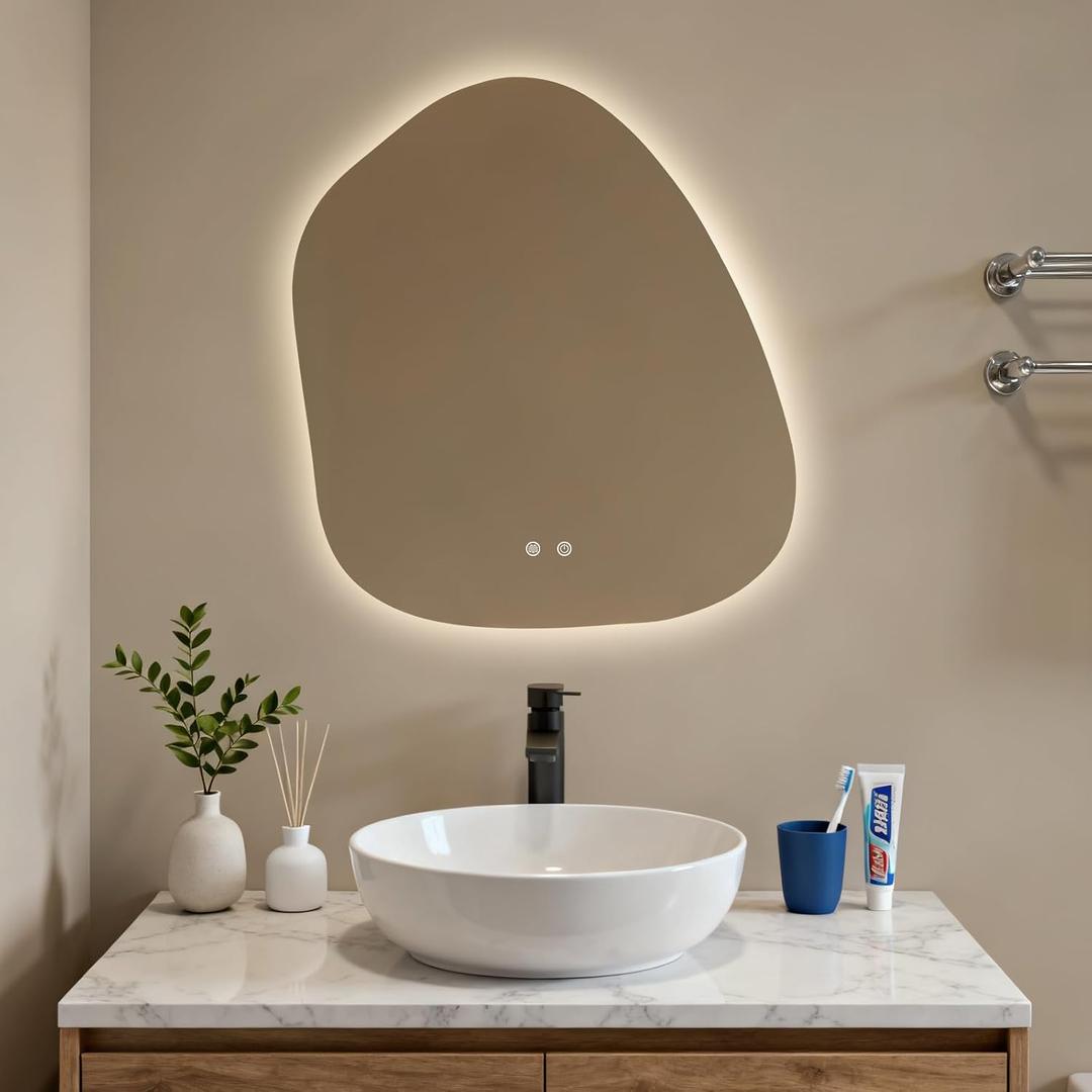 HOMECOOKIN LED Irregular Bathroom Mirror with Lights, 22 x 24 Inch Asymmetrical Backlit LED Vanity Mirror for Wall, Anti Fog Mirror for Bathroom, 3 Colors and Dimmable Light, Horizontal/Vertical