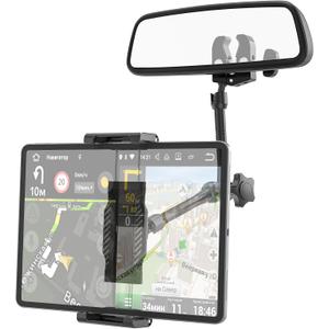 Rearview Mirror Tablet Holder- Metal Long Arm 360 Rotation and Folding, Rear View Mirror Tablet Holder, Fit Thick Cases (Deep Max 1.18'') for iPad Pro Air Mini, Galaxy Tab, iPhone, 6-15.6'' Devices