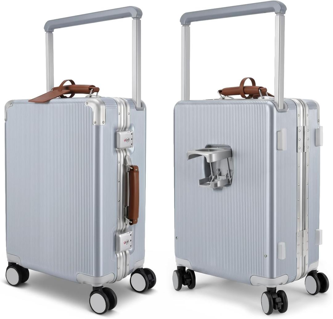 20 Inch Zipperless Carry On Luggage PC Aluminum Frame Suitcase | Hard Shell Suitcase With Spinner Wheels, 22x14x9 Airline Approved , Wide Handle, Cup Holder, TSA Lock, Silver&Brown