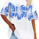 Womens Oversized Tshirt Graphic Tees Crew Neck Summer Short Sleeve Loose Fit Tops (XX-Large, White Blue Flower)