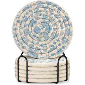 Drink Coasters Set of 6 - Cup Absorbent Coasters for Drinks Coffee Table Home Office Desk Decor Soft Woven Cotton Cloth Braided Fabric Drinking Cup Mat with Holder Cute Blue Flower Floral