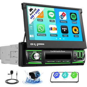 SIXTOP [4+64G] Android 13 Single Din Car Stereo 7 inch Flip Out Touchscreen Retractable with Wireless Carplay Android Auto Mirror Link FM RDS EQ SWC Bluetooth WiFi GPS+AHD Camera & MIC