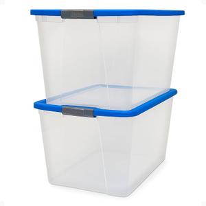 HOMZ 2-Pack Secure Latch, Clear Plastic Storage Organizer Bins, 64 Quart, Blue Lid - Stackable Container Boxes for Bedroom, Bathroom, Garage, and Office Organization