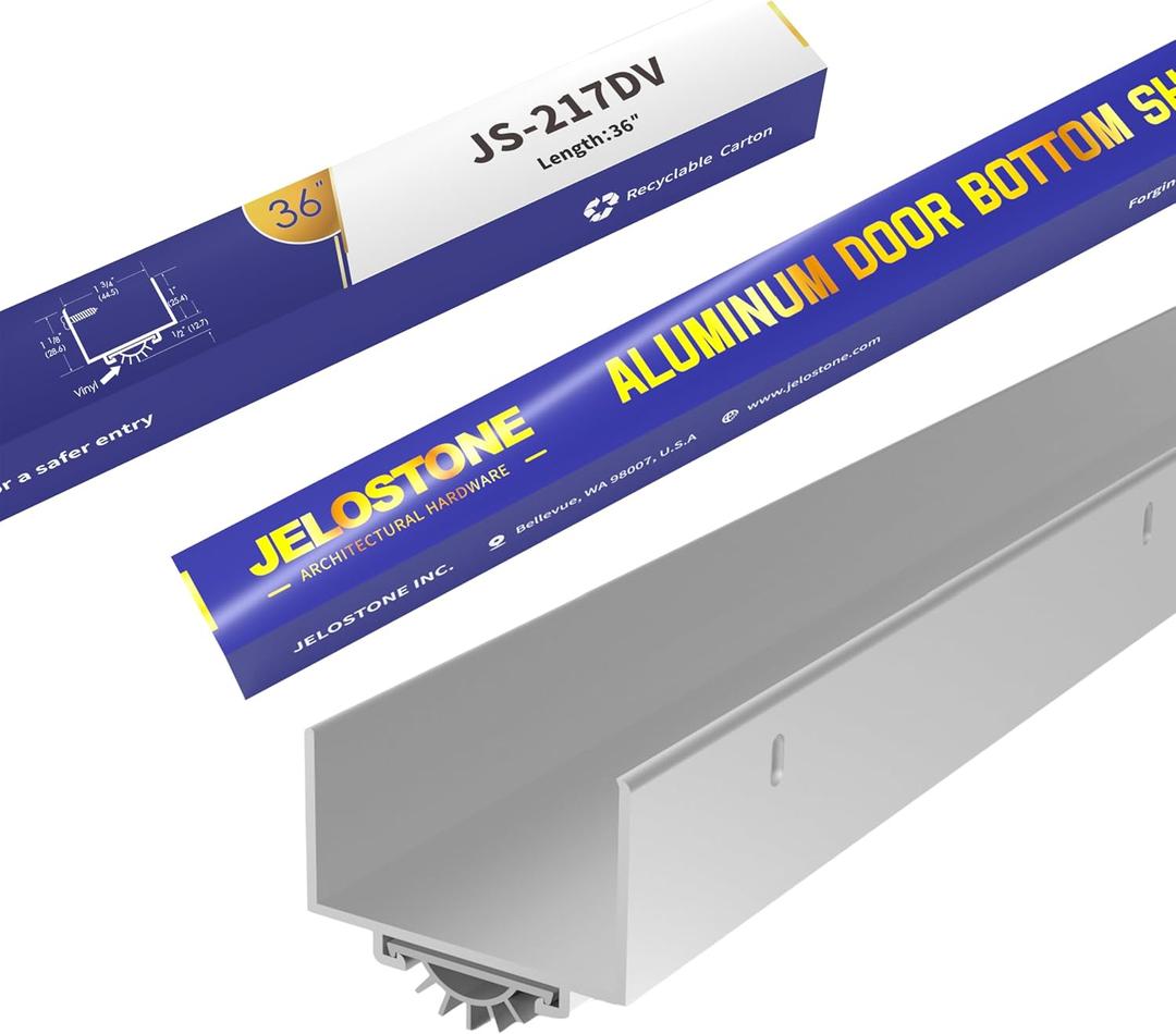 U-Shaped Aluminum Door Bottom Shoes(Mill Finish) - Fire Rated - 1-3/4"W x 1-1/8"H x 36" L Weather Stripping Seal for Exterior Doors, Vinyl Insert, JS-217DV