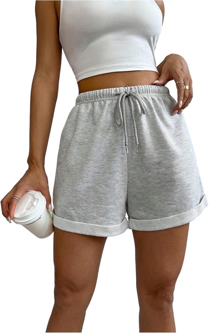 Women's Drawstring Waist Roll Up Hem Track Shorts Summer Casual Pockets Sweat Shorts (M)