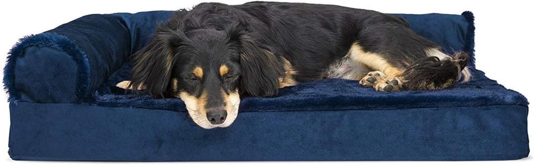 Furhaven Orthopedic Dog Bed for Medium/Small Dogs w/ Removable Bolsters & Washable Cover, For Dogs Up to 35 lbs - Plush & Velvet L Shaped Chaise - Deep Sapphire, Medium