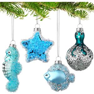 4 Pack Coastal Christmas Ornaments Blue Sea Glass Christmas Tree Ornaments Beach Theme Seahorse Starfish Nautical Decor Xmas Tree Ornament for Home Beach Holiday Party