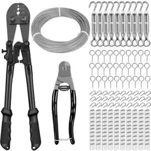 TooTaci 1/16" Wire Rope Kit, 200FT 1/16 Vinyl Coated Stainless Steel Cable with Wire Rope Crimping Tool Kit & Turnbuckle, Tension Cable for String Light Hanging, Garden Trellis, Curtain