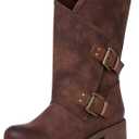 GLOBALWIN Women's The Twisted Rider Motorcycle Boots Mid-Calf Fashion Boots For Women Low Heel (8, Brown)