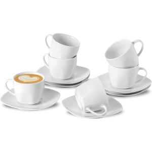 6.5 Ounce Porcelain Espresso Cups and Saucers Set of 6, Ceramic Cappuccino Demitasse Mugs Square Stackable Coffee Cup with Saucer Set for Coffee Drink, Espresso, Latte, Cafe Mocha and Tea Party, White
