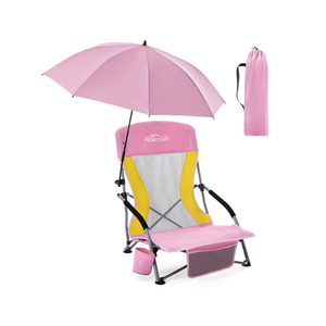Homcosan Portable Low Folding Beach Chair with Detachable Umbrella - Lightweight Camping Chair for Adults with Cup Holder & Storage Pocket, Carry Bag Included (Pink)