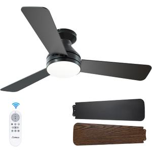 Amico Ceiling Fans with Lights, 42 inch Low Profile Ceiling fan with Light and Remote Control, Flush Mount, Reversible, 3CCT, Dimmable, Noiseless, Black Ceiling Fan for Bedroom, Indoor/Outdoor Use