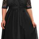 Pinup Fashion Plus Size Lace Chiffon Wrap V Neck Dresses Women Cocktail Wedding Guest Midi Dress 20W, Black