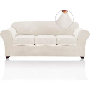 PrinceDeco Velvet Couch Covers for Sofa Soft 4 Pieces Couch Covers for 3 Cushion Couch Sofa Pet Friendly Furniture Protector with Non Slip Elastic Bottom Width Up to 90 Inch (Large, Porcelain)