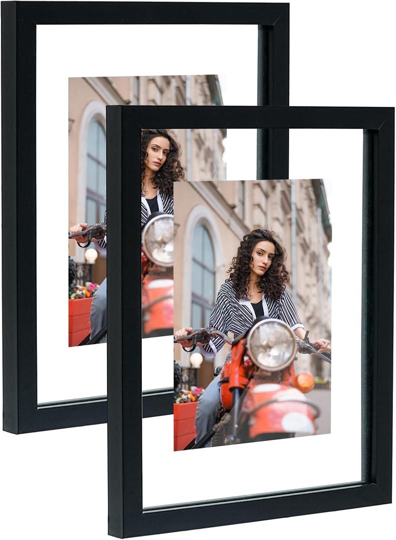 8x10 Floating Picture Frames with Double Glass, 2 Pack Floating Frames for 4x6, 5x7 Pictures or Full Display 8x10 Photos, Tabletop and Wall Hanging, Black