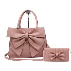 Women Handbag 2 Pcs Set Big Bow-Knot PU Leather Top Handle Bag Designer Tote Bag Clutch Wallet Set for Ladies (Pink)