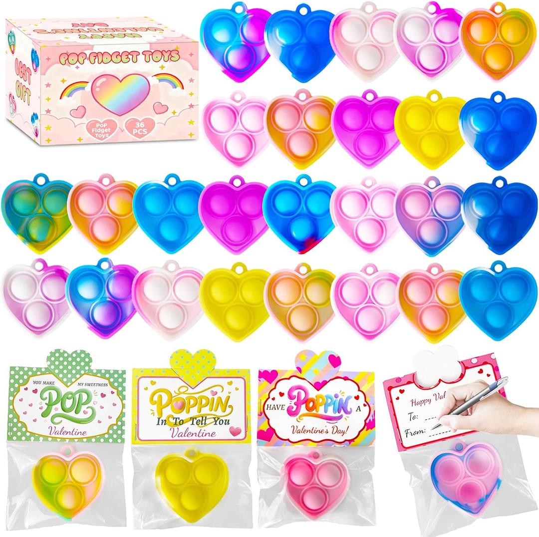 2 x 36 PCS Valentines Day Gifts Cards with Heart Pop Fidget Toys Bulk,Valentine Party Favors for Kids Mini Pop Heart Keychain,School Classroom Prizes Exchange Goodie Bag Stuffers for Toddlers Boys Girls