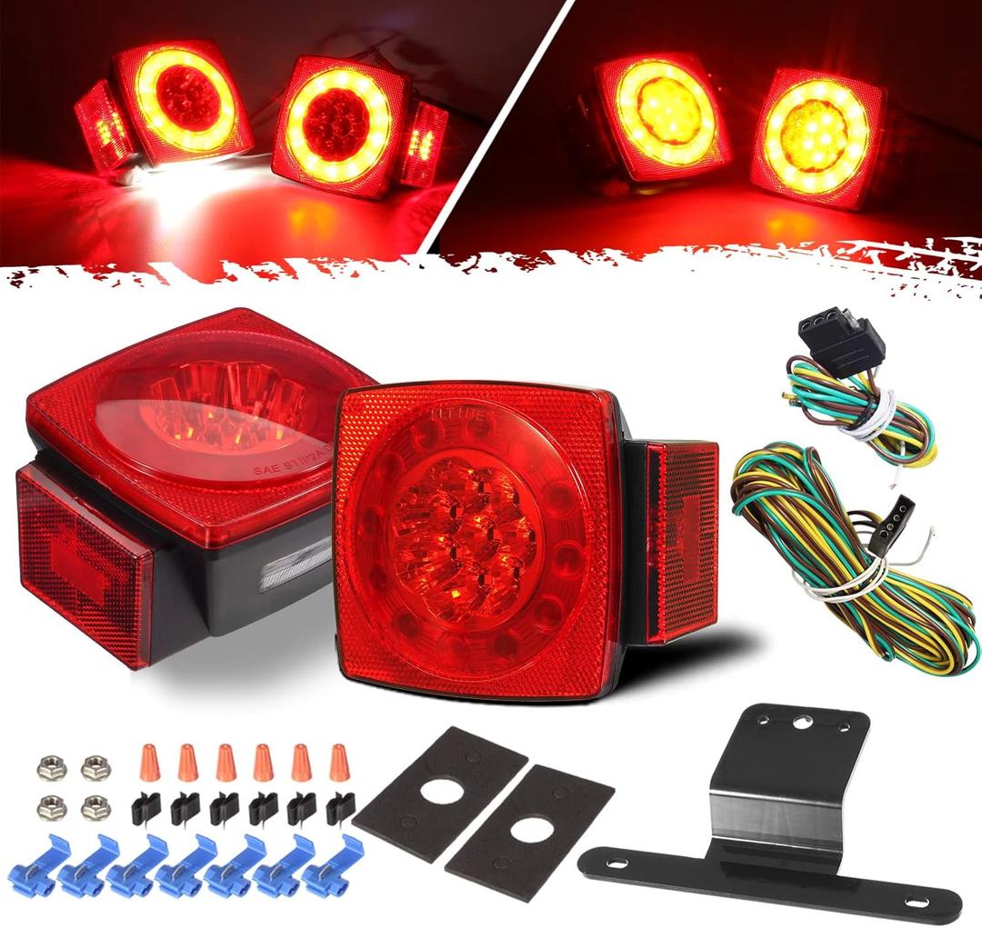 Partsam Led Submersible Trailer Tail Lights Kit, Waterproof 12V Square LED Trailer Lights Halo Glow with Wiring Harness Combination Brake Stop Turn Running License Lights for RV Marine Boat Trailer
