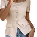 SHENHE Women's Casual Button Down Short Sleeve Square Neck Dress Blouse (Beige) S