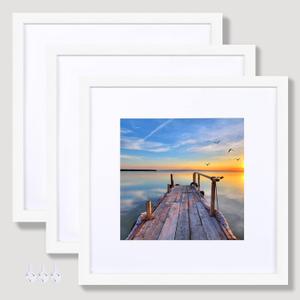 12x12 White Picture Frame set of 3, Made of Real Glass and Wooden Square Photo frame - Displays Picture 8x8 With Mat or 12 x 12 Without Mat, Desktop & Wall Collage Photo Frame, White 