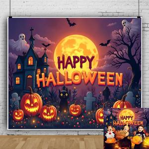 Happy Halloween Backdrop 10x10ft Moon Ghost Castle Spooky Haunted House Halloween Backdrops Photography Background Funny Kid Friendly Halloween's Decorations for Baby Shower Birthday Classroom Decor