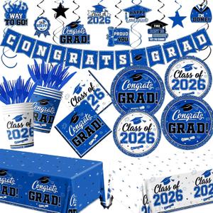 Blue and White Graduation Decorations Dinnerware Set Class of 2026 Decorations Blue Graduation Plates and Napkins Cups Tablecloth Banner for 2026 Congrats Grad Party Decorations, Serve 25