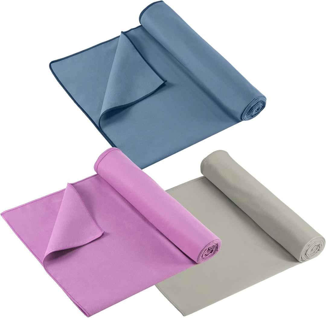 Breling 3 Pack 26"x73" Hot Yoga Mat Towel Pack Non-Slip Yoga Mat Gym Sweat Absorbent Microfiber Towel for Pilates Workout Women Men (Purple,gray,blue)
