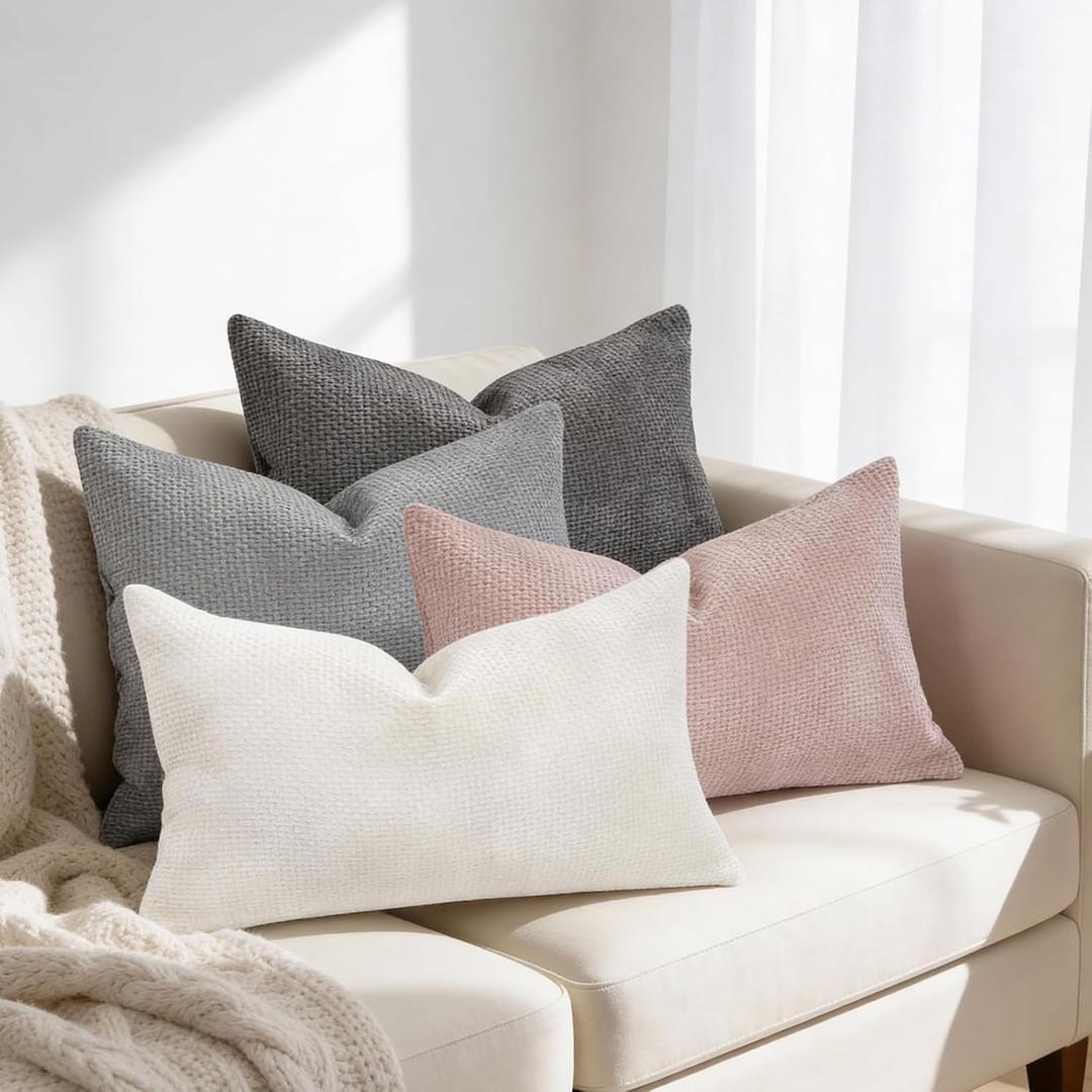 White/Grey/Pink Throw Pillow Covers 12x20 Set of 4, Boho Soft Chenille Lumbar Decorative Pillows Cover for Bed, Living Room Home Decor, Solid Textured Rectangle Cushion Cover (Neutral Set)
