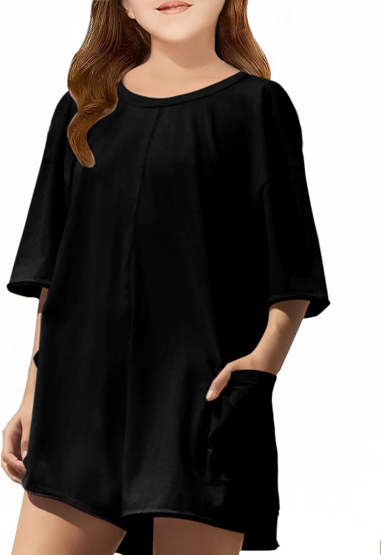 Girls Summer Casual Romper Short Sleeve Oversized Jumpsuit Kids Shorts Teens Fashion Cothes (9-10 Years, Black)