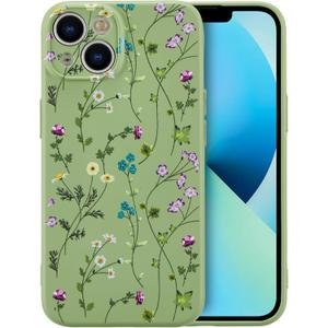 RALEAVO Floral Case for iPhone 13,Liquid Silicone Cover with Cute Flower Branch Pattern for Girls Women Slim Soft Rubber Protective Phone Case for iPhone 13 6.1",Green