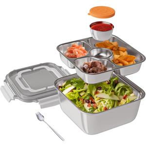 Stainless Steel Salad Container, 64oz Bowl with Built-in Spork, 3-Compartment Bento-Style Tray, and Dressing Container for Salad Toppings & Snacks