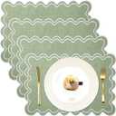 Set of 4 Cotton Linen Placemats, 13x19 Inch Scalloped Wavy Embroidery Placemat Double Layered Washable Rustic Rectangle Dinner Table Mats for Kitchen Wedding Home Party Decor(Sage Green)