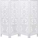 Room Divider Wood Screen Panel White, 4-Panel Folding 64"x54", Hand-Carved, Reversible Privacy Partition, Decorative & Functional Portable Room Divider for Home or Office