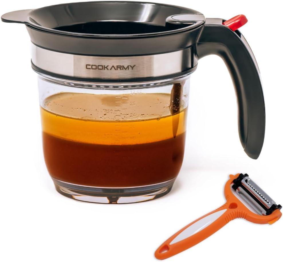 Fat Separator with Bottom Release  4 Cup Gravy Separator for Cooking with Oil Strainer, Kitchen Grease Separator -the perfect Kitchen Gadget plus a 3-1 Multifunctional Vegetable Peeler