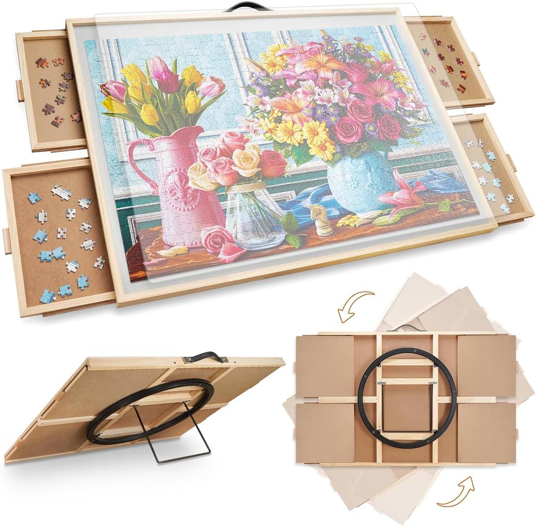 ALL4JIG 1000 Pieces 2-in-1 Tilting & Rotating Puzzle Board, 30.16" x 22.44"Adjustable Angle Puzzle Board with 4 Drawers & Clear Protective Cover, Birthday Gift for mom (Iron)