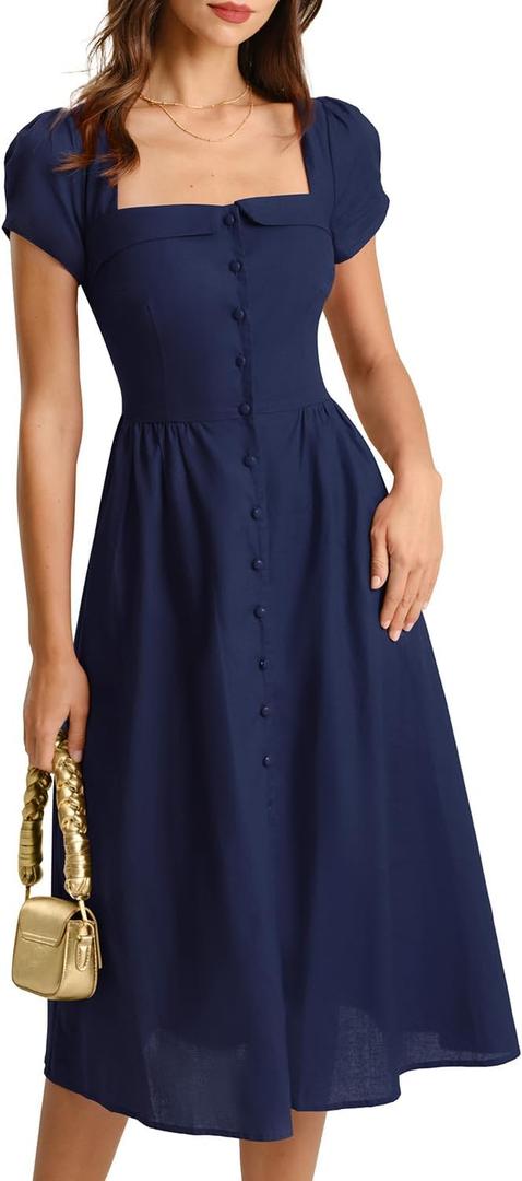 RIHOAS Casual Dresses for Women Short Sleeve Square Neck Midi Dress | Elegant,Botton,Puff Sleeve,A-Line,Cotton linen,Church,Vacation,Semi Formal,Beach,Retro,X Cross,Summer (Blue, L)
