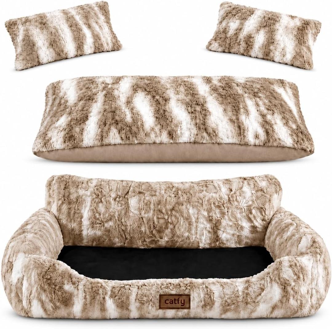 Catfy™ 32 Inch Soft Cat Couch with Pillows – Reversible Cushion, Plush Washable Large Cat Sofa Bed with Supportive Backrest & Non-Slip Base for Indoor Cats